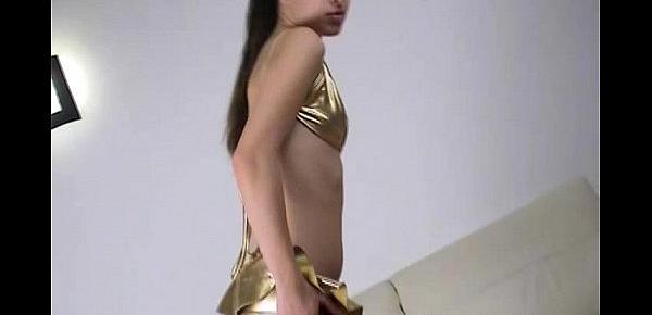  Tiny teen Michaela in shiny gold latex lingerie